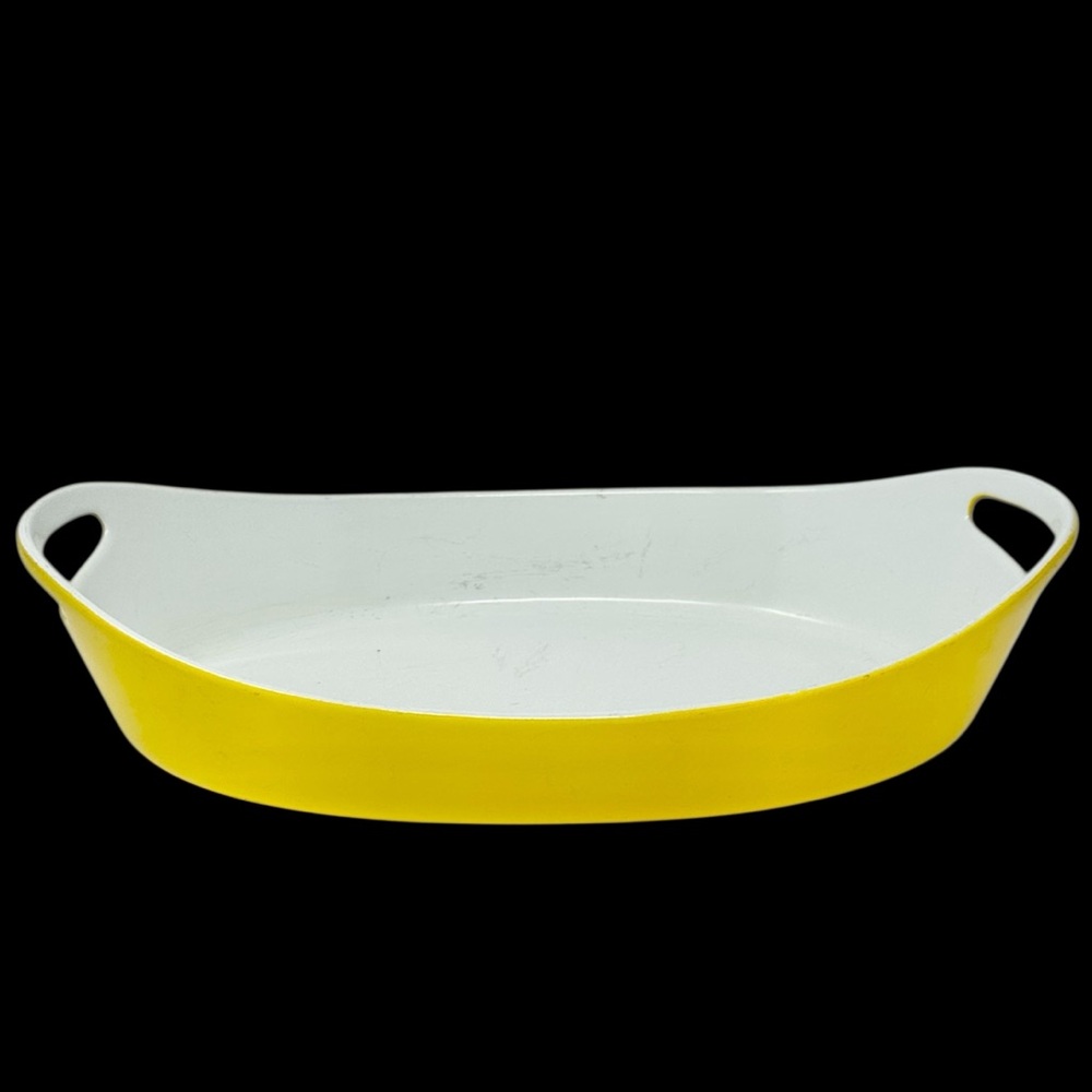 Vintage Michael Lax Copco Yellow Enamel and Cast Iron Baking Paella Dish 60s 70s